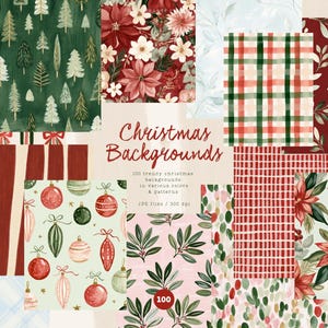 Puede incluir: Una colección de fondos digitales navideños con varios patrones que incluyen flores de pascua rojas, pinos verdes, cuadros rojos y verdes, adornos y follaje. El texto central dice Christmas Backgrounds, 100 trendy christmas backgrounds in various colors & patterns, JPG files / 300 dpi.