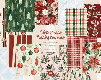 100 Christmas Backgrounds Bundle with Holiday Digital Papers, Floral Botanical Plaid Stripes & Festive JPG | Digital Download