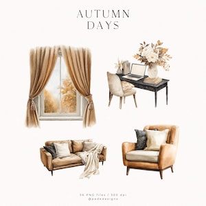 May include: Watercolor illustration featuring autumn-themed home decor elements. Includes a window with curtains, a desk with a laptop and flowers, a sofa with pillows and a blanket, and an armchair. The text "AUTUMN DAYS" is at the top.