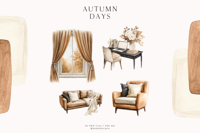 May include: Watercolor illustration featuring autumn-themed home decor elements. Includes a window with curtains, a desk with a laptop and flowers, a sofa with pillows and a blanket, and an armchair. The text "AUTUMN DAYS" is at the top.