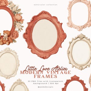 Puede incluir: Colección de acuarelas de marcos vintage modernos en varias formas y colores. Los marcos son en tonos de rojo, rosa y crema, con detalles florales y de ositos de peluche. También es visible el texto "Little Love Atelier MODERN VINTAGE FRAMES".