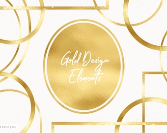 Gold design elements, golden shapes png, gold foil, gold frames, circles, badges, luxury gold banners, gold foil clip art, download