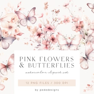 Roze bloemen en vlinders, aquarelbloemen, it's a girl, roze bloemen, plannerstickers, babyshower, aquarelvlinder, download