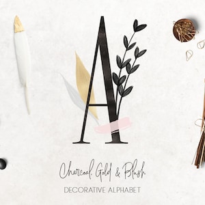 Clipart decorativo do alfabeto, letras com flores, alfabeto aquarela preto, folha de ouro, monograma e logotipo, download