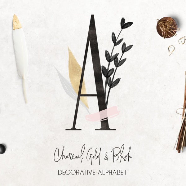 Decorative alphabet clipart, letters with flowers, black watercolor alphabet, gold foil, monogram and logo, download