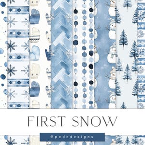 Papiers numériques First Snow, pack de papier numérique hiver, aquarelle, motifs des fêtes, flocons de neige, fond de sapin de Noël, pull, téléchargement