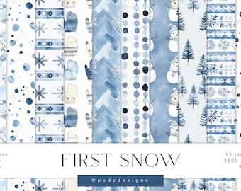 Winter Watercolor Digital Paper Pack: Snowflakes, Trees (Digital Download)