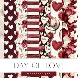 Pacchetto di carta digitale Day Of Love, carte digitali di San Valentino, motivi d'amore senza soluzione di continuità, petali di rosa, motivo di rose, sfondo a forma di cuore, download