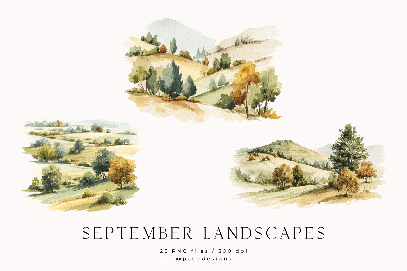 September Landscapes, Watercolor Countryside Scenery, Autumn Clipart ...