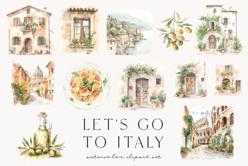 Let's go to Italy, watercolor summer clipart, travel, ancient roman, italian sceneries, italian street, scrapbooking, aesthetic, download image 4