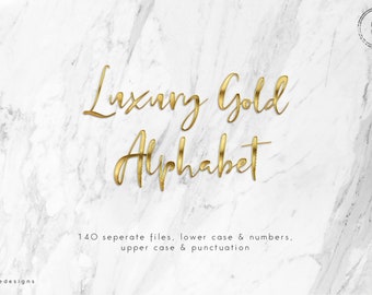 Gold luxury alphabet clipart, gold foil digital alphabet, letters clipart, gold punctation,  golden numbers, metallic, download