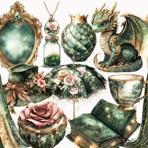 Peut inclure: Une collection d'illustrations fantaisistes vertes et dor&eacute;es repr&eacute;sentant un dragon, une horloge, une sorci&egrave;re, un chapeau, une rose, un livre, une tasse &agrave; th&eacute;, un miroir, une bouteille et un parapluie. Les illustrations sont peintes dans un style aquarelle et ont une ambiance magique et f&eacute;erique.