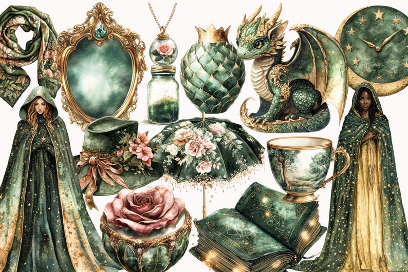 Peut inclure: Une collection d'illustrations fantaisistes vertes et dor&eacute;es repr&eacute;sentant un dragon, une horloge, une sorci&egrave;re, un chapeau, une rose, un livre, une tasse &agrave; th&eacute;, un miroir, une bouteille et un parapluie. Les illustrations sont peintes dans un style aquarelle et ont une ambiance magique et f&eacute;erique.