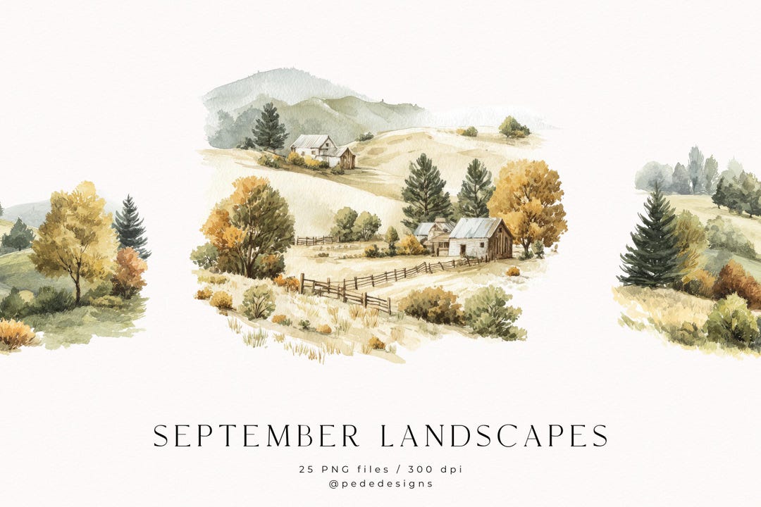 September Landscapes, Watercolor Countryside Scenery, Autumn Clipart ...