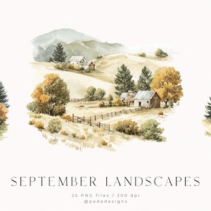 May include: Watercolor illustrations of September landscapes featuring rolling hills, trees, and small houses. The artwork showcases a rural scene with a muted color palette of greens, yellows, and browns. The text "SEPTEMBER LANDSCAPES" is at the bottom.