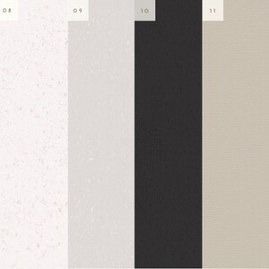 May include: A color palette with six different shades of white, gray, and beige. The colors are arranged in a horizontal row, with the darkest shade on the left and the lightest shade on the right.
