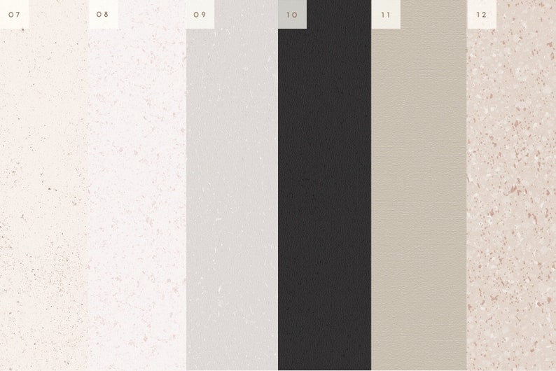 May include: A color palette with six different shades of white, gray, and beige. The colors are arranged in a horizontal row, with the darkest shade on the left and the lightest shade on the right.