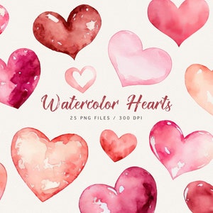 Clipart de corações em aquarela, clipart de amor em aquarela, dia dos namorados, vermelho, rosa, dia dos namorados png, clipart de casamento, uso comercial, baixar