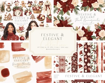 Colección Festiva y Elegante, Clipart Navideño en Acuarela: Clipart de Temporada, PNG Floral, Patrones Sin Costuras (Descarga Digital)