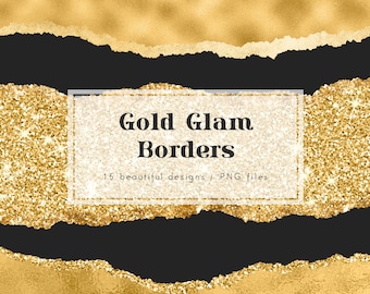Gold glam borders clip art, gold torn paper, gold overlay,, design elements, png format, glitter borders, luxury borders, download