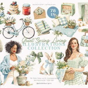 Quiet Spring Living Watercolor Illustrations | Cottagecore Home | Soft Spring Decor | Botanical Lifestyle Art | Easter PNG Elements