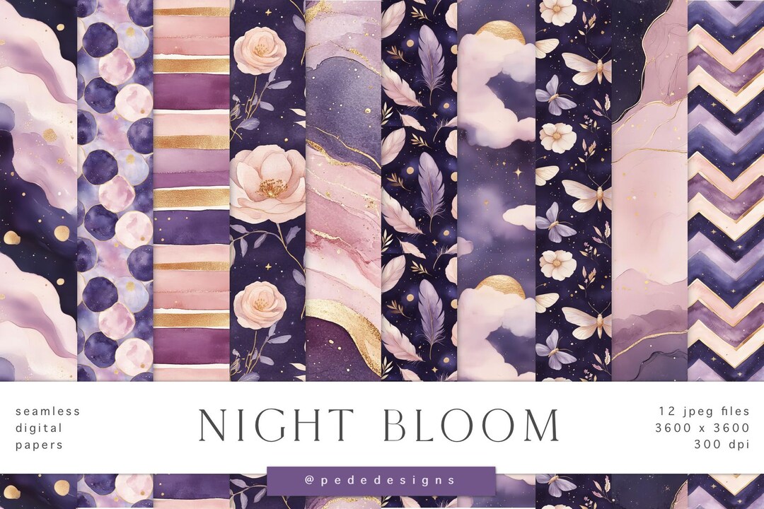 Night Bloom Digital Papers, Pink Digital Papers, Purple Repeating ...
