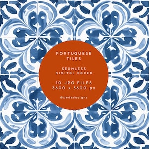 Könnte beinhalten: Ein Set mit 10 digitalen Papierdesigns mit blauen und weißen portugiesischen Fliesenmustern. Die Fliesen haben einen Aquarelleffekt und sind nahtlos. Die Designs sind 3600 x 3600 Pixel groß.