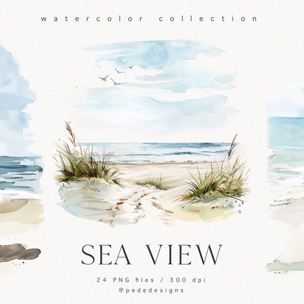 Sea View Illustration, watercolor view clipart, travel graphics, summer clipart, girl clipart, summer beach png, beach sand, download