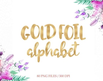 May include: A digital graphic featuring the text GOLD FOIL alphabet in a metallic gold script font. The corners are decorated with watercolor illustrations of pink and purple lilies, green leaves, and small dark purple berries.