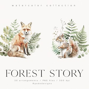 K&ouml;nnte beinhalten: Aquarell-Illustration eines Fuchses und eines Eichh&ouml;rnchens, umgeben von gr&uuml;nem Laub. Die Illustration tr&auml;gt den Titel "Forest Story" mit dem Text "30 Arrangements / PNG-Dateien / 300 dpi @pededesigns".