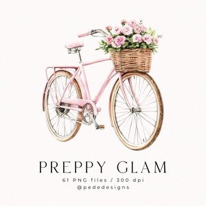 May include: A pink bicycle with a wicker basket filled with pink flowers. The bicycle has a brown leather seat and white tires.
