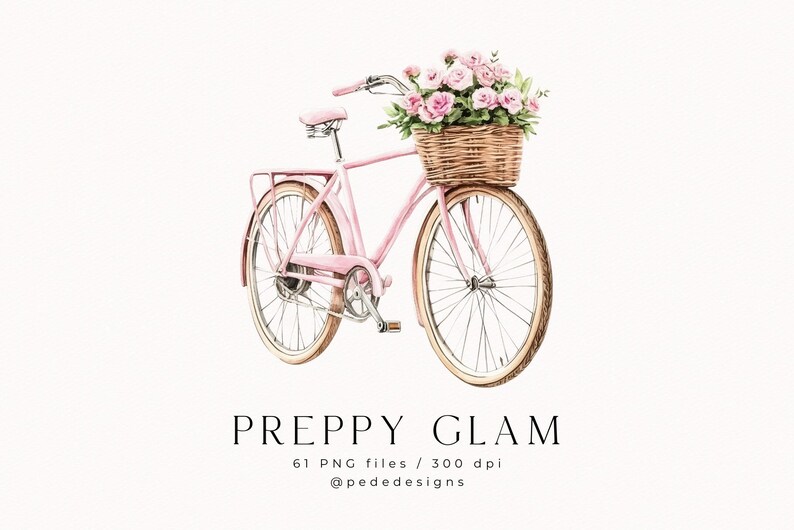 May include: A pink bicycle with a wicker basket filled with pink flowers. The bicycle has a brown leather seat and white tires.