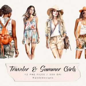 Watercolor Summer Girl clip art, watercolor fashion clipart, traveler girl clipart, fashion girl png, summer graphics, travel png, download