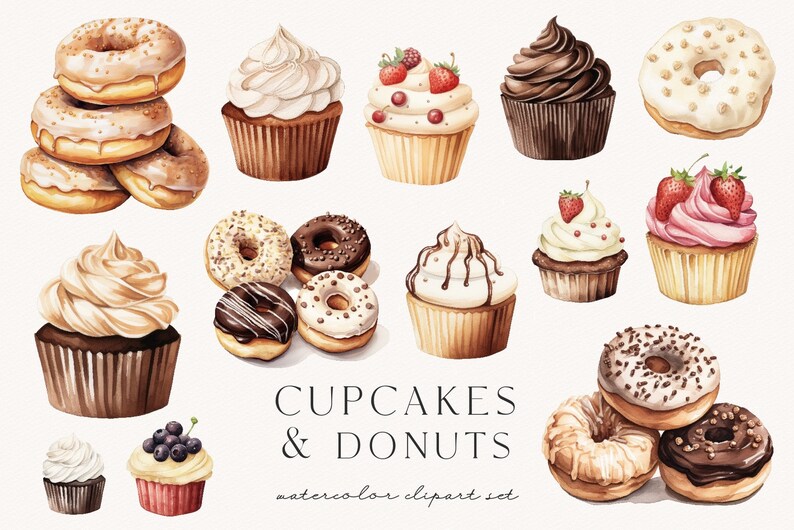 Cupcakes & Donuts, Baking Watercolor Clipart, Dessert Png Graphics ...