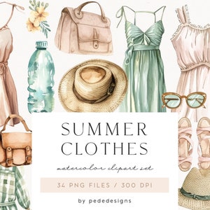 Clipart de moda, imágenes prediseñadas de verano en acuarela, gráficos de ropa de primavera, vestido de verano en acuarela, imágenes prediseñadas de sombrero de verano, bolso, zapatos, descargar