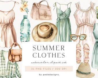 Fashion Clipart, watercolor summer clipart, spring clothes graphics, watercolor summer dress, summer hat clipart, handbag, shoes, download