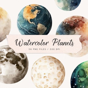 Watercolor planet clip art, planets clipart, solar system, earth, moon, mars, galaxy planet, celestial moon, commercial use, download