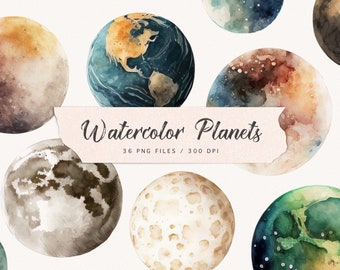 Watercolor planet clip art, planets clipart, solar system, earth, moon, mars, galaxy planet, celestial moon, commercial use, download