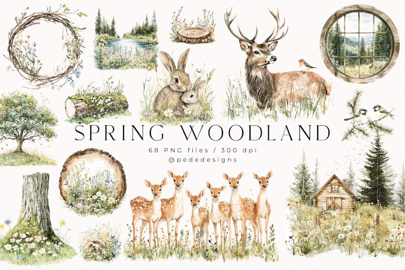 May include: A watercolor illustration set featuring a spring woodland theme. The set includes images of a deer, rabbits, a cabin, a tree, a window, a log, and a wreath. The set is perfect for creating invitations, cards, and other crafts.