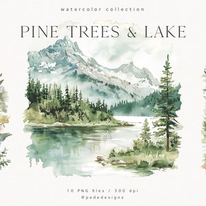 Alberi di pino e paesaggio lacustre, paesaggi lacustri ad acquerello, clipart estivi, illustrazione di paesaggi, grafica di boschi, montagne, prato, download