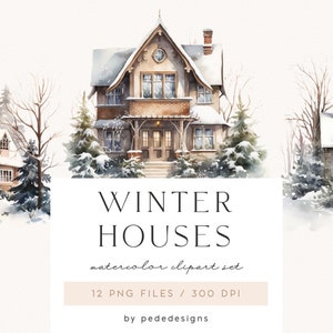 Casas de inverno, clipart de inverno em aquarela, gráficos png de casa aconchegante, cenário de inverno, paisagem de inverno, gráficos de casa png, madeira, baixar
