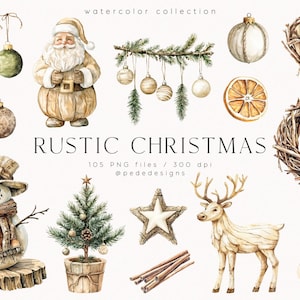 May include: Watercolour illustrations of rustic Christmas elements, including a snowman, a reindeer, a wreath, a pine tree, a Santa Claus, ornaments, a star, and a heart. The illustrations are in shades of brown, white, and green.