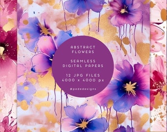 Abstrakte Blumen, digitales Papier, abstraktes, florales, nahtloses digitales Papier mit goldenem, pinkem und violettem, pinkem Blumenmuster, Download