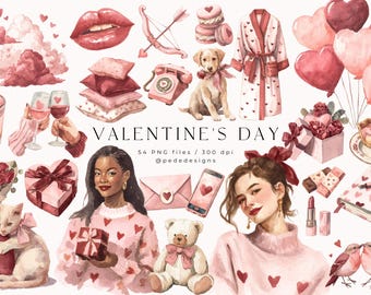 Puede incluir: Ilustración en acuarela con temática de San Valentín. Presenta elementos rosas y rojos, como corazones, rosas, regalos y un oso de peluche. El texto "VALENTINE'S DAY" se muestra de forma destacada. Incluye una mujer con un suéter con diseños de corazón.