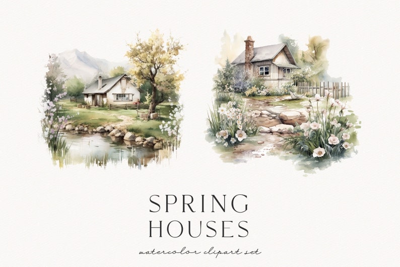 Op de afbeelding: Watercolor clipart set met twee idyllische lentehuizen. E&eacute;n sc&egrave;ne toont een huis bij een vijver met een berg op de achtergrond, de andere een huis met een stenen pad en hek. De tekst luidt "SPRING HOUSES" en "watercolor clipart set".