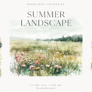 Ilustración de paisaje de verano, imágenes prediseñadas de vista de acuarela, gráficos de viajes, pradera de verano, montañas, imágenes prediseñadas de verano, campo floral, descargar