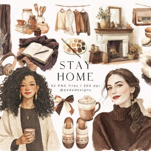 Puede incluir: Ilustración en acuarela con un tema acogedor, con chimenea, libros, café y un perro. La imagen incluye el texto "STAY HOME" y varios otros elementos como una ventana, ropa y una mujer.