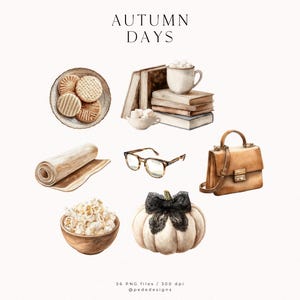 May include: Watercolor illustration featuring autumn-themed items. Includes a stack of books, a cup of cocoa, a purse, glasses, a pumpkin with a black bow, cookies, popcorn, and a rolled mat. The text "AUTUMN DAYS" is at the top.