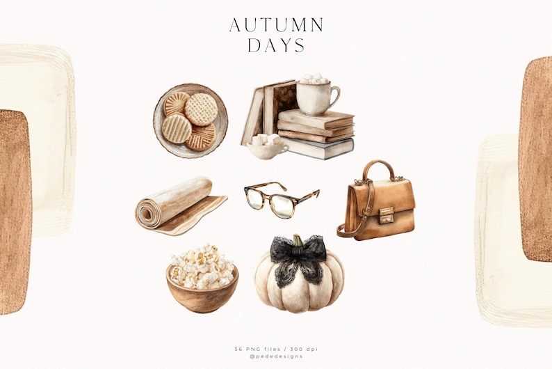 May include: Watercolor illustration featuring autumn-themed items. Includes a stack of books, a cup of cocoa, a purse, glasses, a pumpkin with a black bow, cookies, popcorn, and a rolled mat. The text "AUTUMN DAYS" is at the top.
