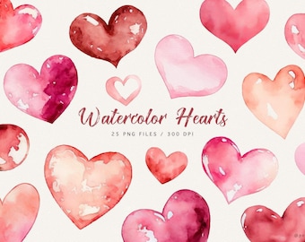 May include: A collection of watercolor hearts in various shades of pink and red, featuring different sizes and textures. The text Watercolor Hearts 25 PNG FILES / 300 DPI is centered among the heart illustrations on a light background.
